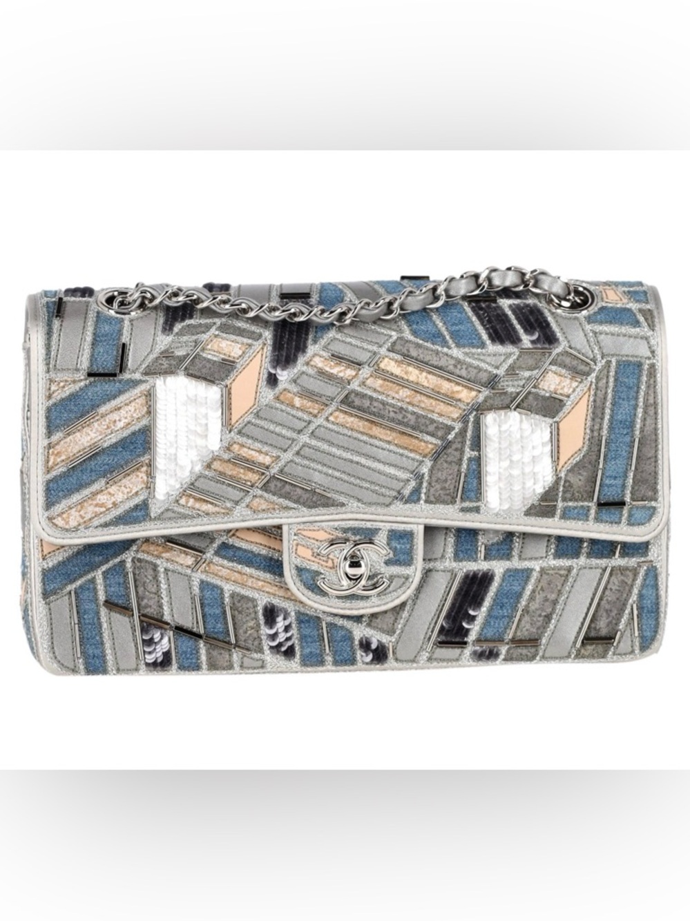 CHANEL RARE Silver, Blue & Cream Mosaic Quilted Denim Flap Shoulder Bag NWOT